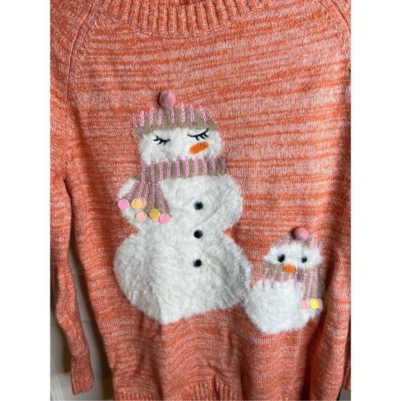 LC LAUREN CONRAD Sweater Small Coral Orange Snowman Graphic Christmas - Picture 3 of 5